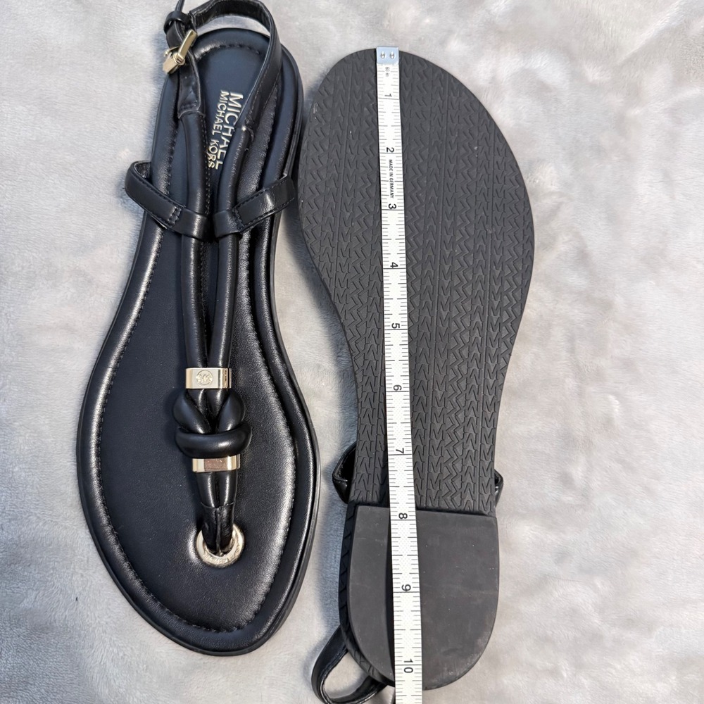Michael Kors Black T Strap Thong Sandals Gold MK Logo Womens 8.5 Est NWOB - Picture 8 of 8